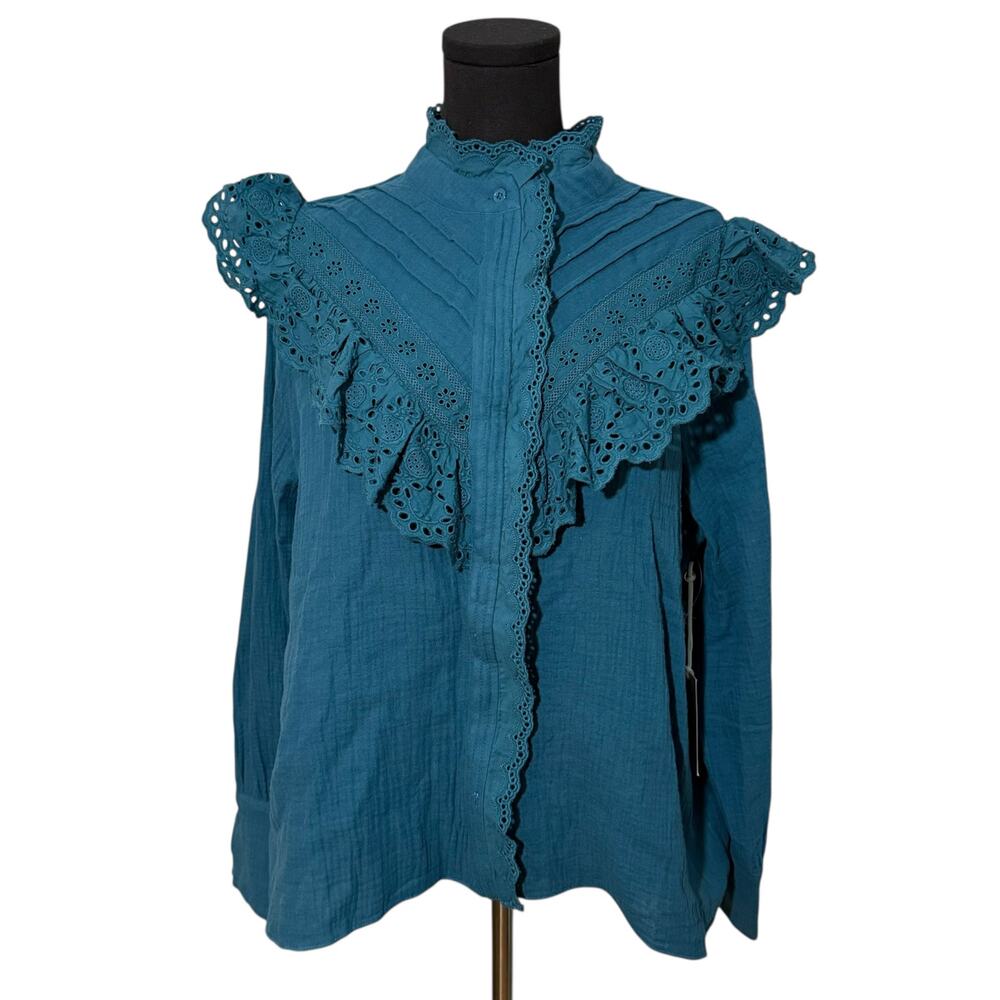 NEW Hyacinth House by Tuckernuck Teal Eyelet Tatum Blouse Lace Trim Ruffle Large